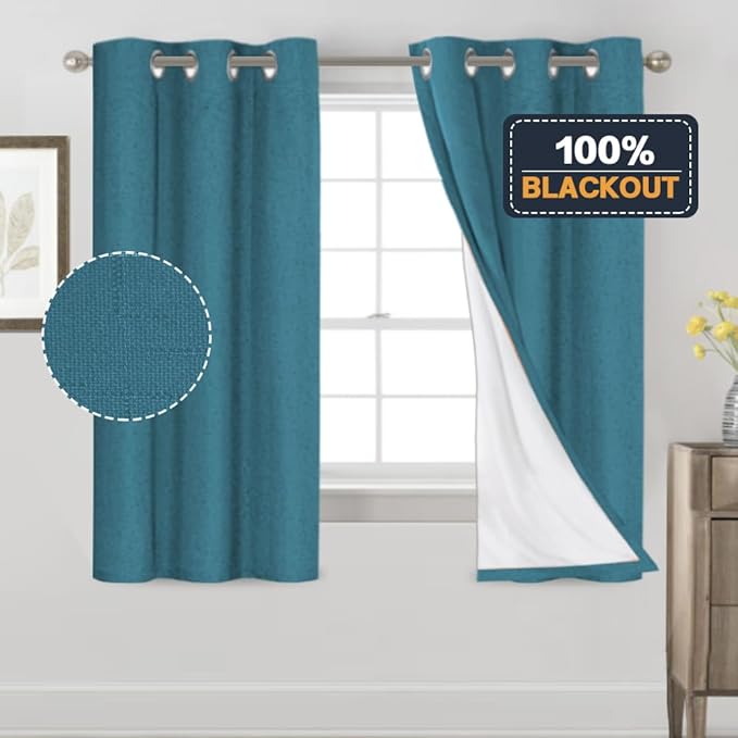 PrinceDeco 100% Blackout Curtains 64 inch Long 2 Panels Set Linen Blackout - Image 6