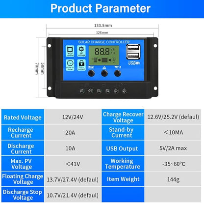 PWM Solar Charge Controller 20A Solar Panel Controller 12V/24V Auto Adjustable - Image 2