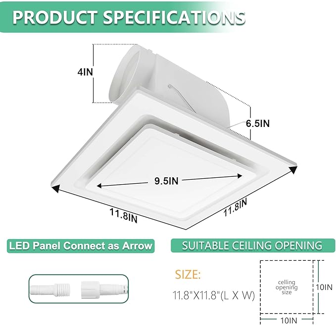 Bathroom Exhaust Fan with Light, 11.8 in Panel, 12W Square LED, 141 CFM - Image 2