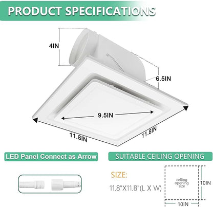 Bathroom Exhaust Fan with Light, 11.8 in Panel, 12W Square LED, 141 CFM - Image 2