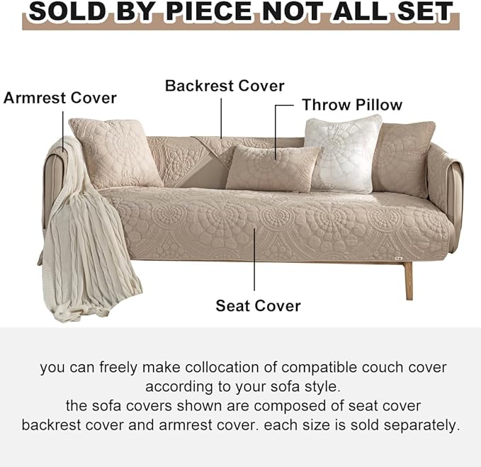 vctops Boho Circle Embroidery Couch Sofa Cover Solid Color Cotton Quilted - Image 6