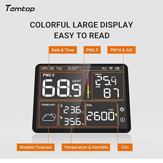 Temtop M100 Air Quality Monitor Indoor, 8-in-1 Smart Air Quality Weather Station - Image 4