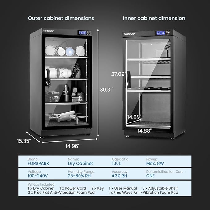 FORSPARK 100L Large Camera Dehumidifier Dry Cabinet, Quiet Humidity Control - Image 8