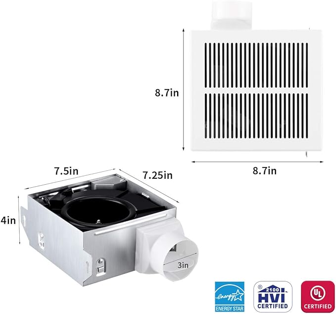 Bathroom Exhaust Fan, 50 CFM, 1.0 Sone DC Motor, Quiet Bathroom Fan - Image 3