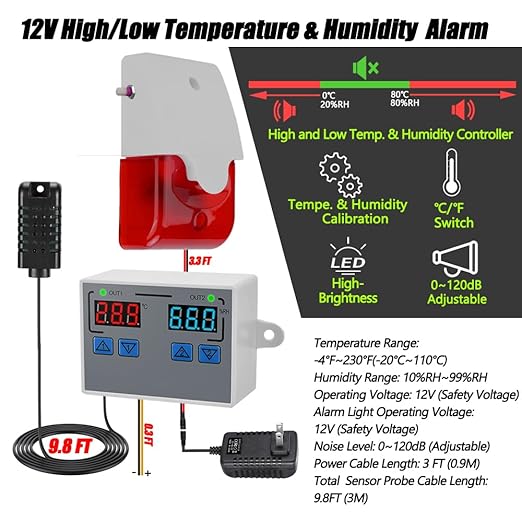Hygrometer Thermometer Alarm, 12V High/Low Temperature and Humidity Monitor - Image 2