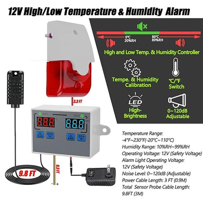 Hygrometer Thermometer Alarm, 12V High/Low Temperature and Humidity Monitor - Image 2