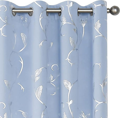 BUHUA Blue Blackout Curtain 2 Panel Set Vine Foil Print Thermal Insulated by BUHUA