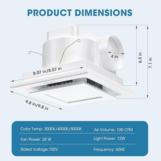 Bathroom Exhaust Fan with Light, Ultra-Quiet 100 CFM Ventilation & 3CCT LED - Image 6