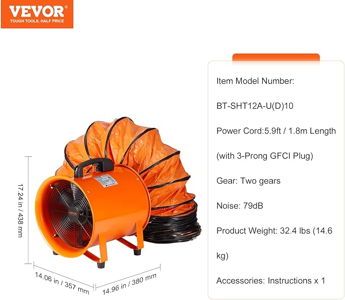 VEVOR Portable Ventilator with Hose, 2 Speed, 12 Inch Utility Blower Exhaust - Image 7