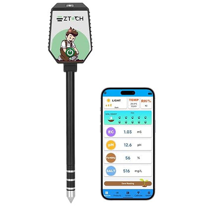 Bluetooth Soil pH EC Tester, Smart Plant pH Fertility Meter, 8 in 1 pH EC by EZTOCH