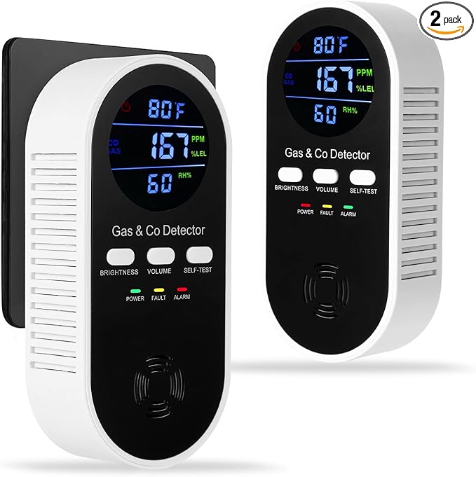 2 Packs Combination Gas Leak Detector & Carbon Monoxide Alarm, 5-in-1 Plug-in by HembisenSafetyProducts