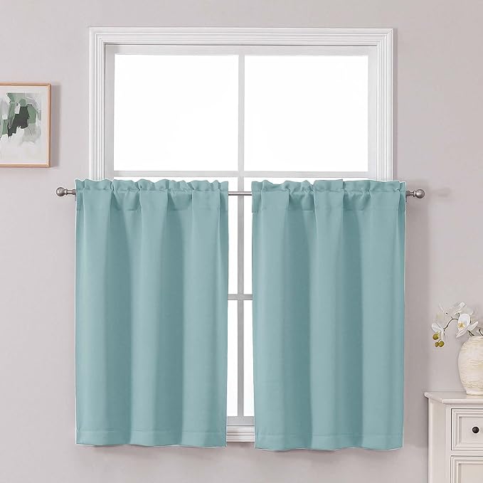 Chyhomenyc Short Aqua Curtains 36 Inch Length, Small Kitchen Curtain Tier Rod by Chyhomenyc