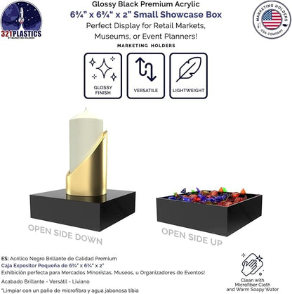Black Acrylic Display Box Versatile 5 Sided Pedestal 6.75" x 6.75" x 2 Inch - Image 2