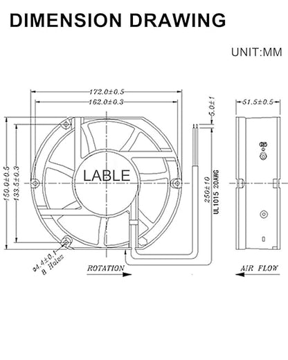 GDSTIME Axial Fan 17251, 110V 120V AC 172mm x 150mm x 51mm Dual Ball Bearing - Image 8