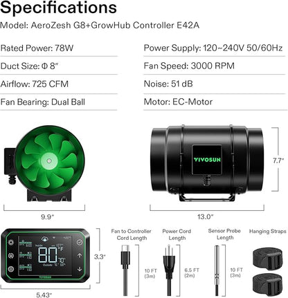 VIVOSUN G8 8" Inline Duct Fan & Temperature Humidity Controller, E42A WiFi-App - Image 7