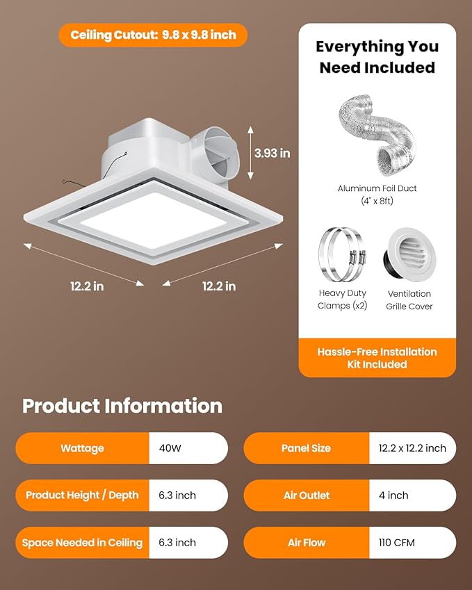 Bathroom Exhaust Fan with Light, 110 CFM 1.0 Sone Quiet Ceiling Mount Exhaust - Image 7