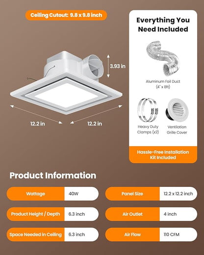 Bathroom Exhaust Fan with Light, 110 CFM 1.0 Sone Quiet Ceiling Mount Exhaust - Image 7