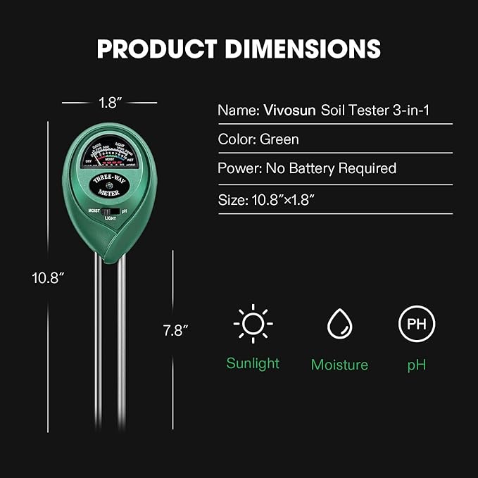 VIVOSUN Soil Tester, 3-in-1 Plant Moisture Meter Light and PH Tester - Image 4