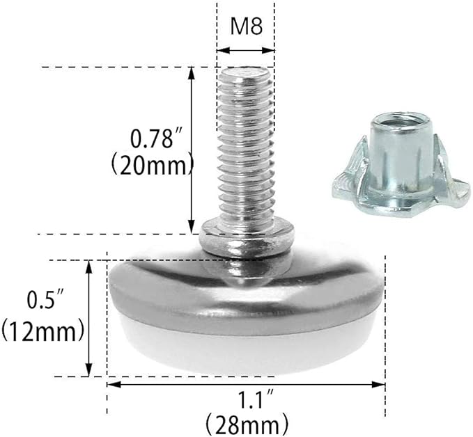 NGe 12-Set M8 x 20mm Heavy Duty Screw-On Furniture Leveling Feet Adjustable - Image 3