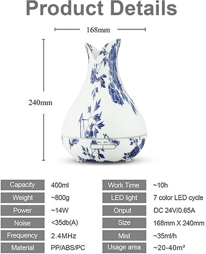 Oriental Blue-and-White Floral Pattern Grain Aroma Diffuser Ultrasonic Cool - Image 8