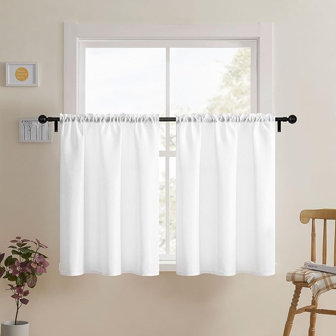 Home Queen White Waffle Bathroom Window Curtains, Water Repellent Rod Pocket by HomeQueen