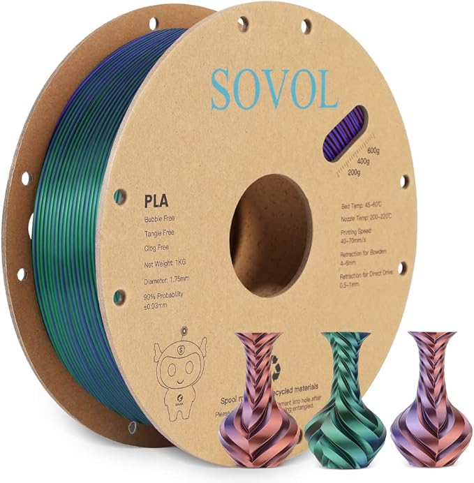 Sovol Silk PLA Filament Tri Color Co-Extrusion 1.75mm, 3D Printer Filament 1kg/ - Image 7