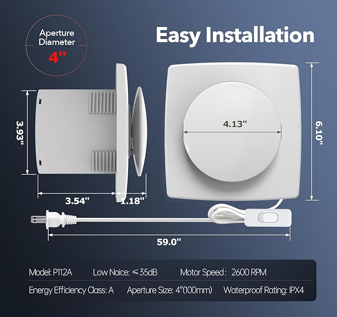 Bathroom Exhaust Fan with Switch, 2600RPM Upgraded Exhaust Fan 35dB Low Noise - Image 5