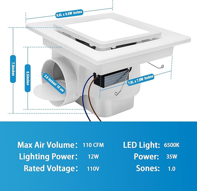 Bathroom Exhaust Fan with Light, Ceiling Mount Square Quiet Bathroom Vent Fan - Image 2