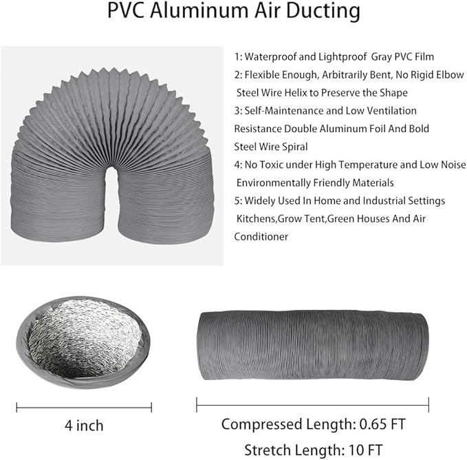 4Inch 10FT Long Flexible Aluminum Air Ducting, Heavy-Duty Grey 4 Layer Dryer - Image 2