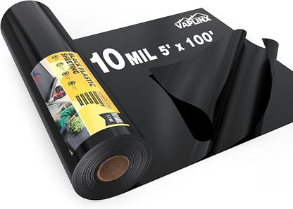 10 Mil Black Plastic Sheeting 5x100 FT – UV Protection Poly Sheeting by VAPLINX