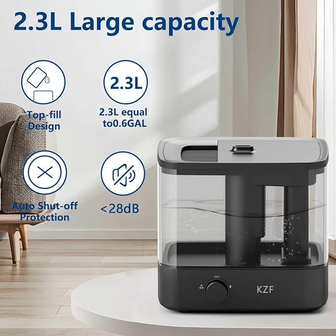 KZF 2.3L Top-Fill Cool Mist Humidifier – Whisper-Quiet, Auto Shut-Off, Baby - Image 2