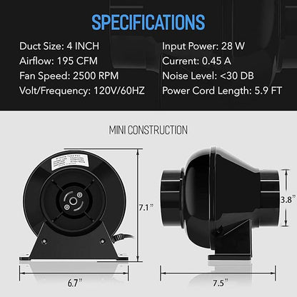 iPower 4 Inch 195 CFM Inline Fan Circulation Exhaust Blower, Air Carbon Filter - Image 5