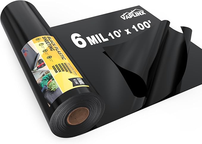 6 Mil Black Plastic Sheeting 10x100 FT – UV Protection Poly Sheeting by VAPLINX