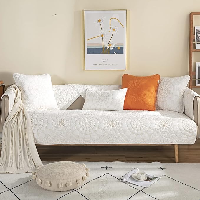 vctops Boho Circle Embroidery Couch Sofa Cover Solid Color Cotton Quilted - Image 2
