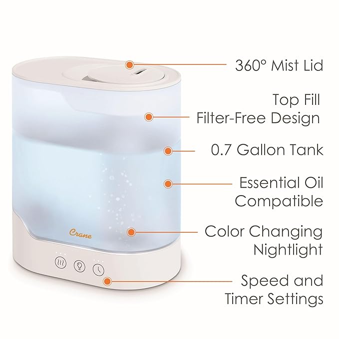 Crane 0.7 Gallon Top Fill Cool Mist Humidifier and Aroma Diffuser, - Image 2