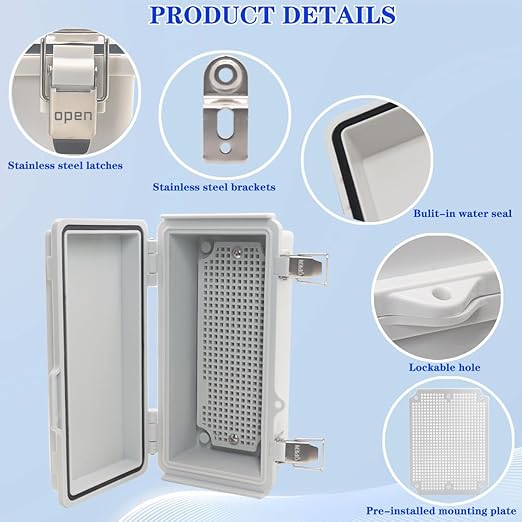 Waterproof Electrical Box, IP67 Junction Box Stainless Steel Latch Hinged Grey - Image 3