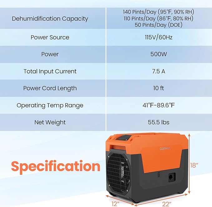 COSTWAY 140 Pints Commercial Dehumidifier - Image 8