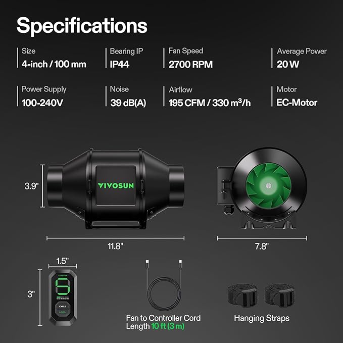 VIVOSUN G4 4" Inline Duct Fan & 3 Cycle Modes E12 Speed Controller, AeroZesh - Image 8