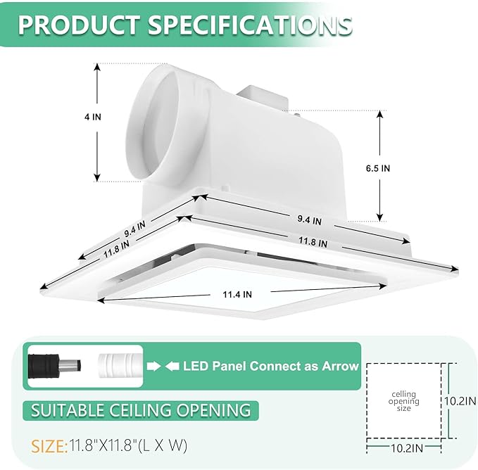 Bathroom Exhaust Fan with Light, 11.8 in Panel, 12W Square LED, 141 CFM - Image 2