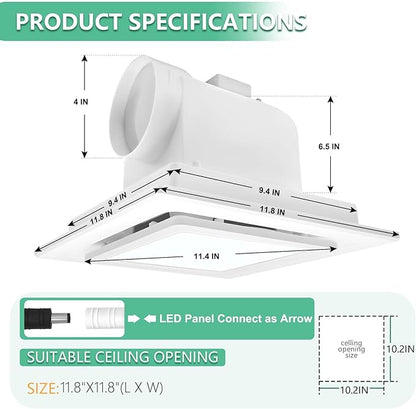 Bathroom Exhaust Fan with Light, 11.8 in Panel, 12W Square LED, 141 CFM - Image 2