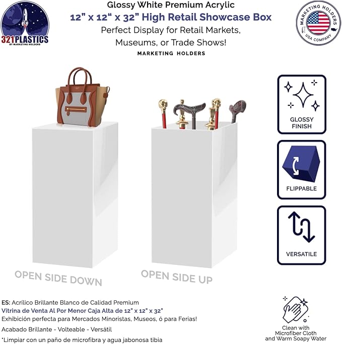 Acrylic Display Riser Box Tall Pedestal Art One Piece No Lid Glossy White 12" x - Image 2