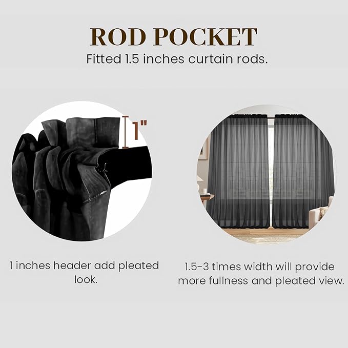 Dreaming Casa Solid Sheer Curtains 102 Inches Long Black Rod Pocket Voile - Image 2
