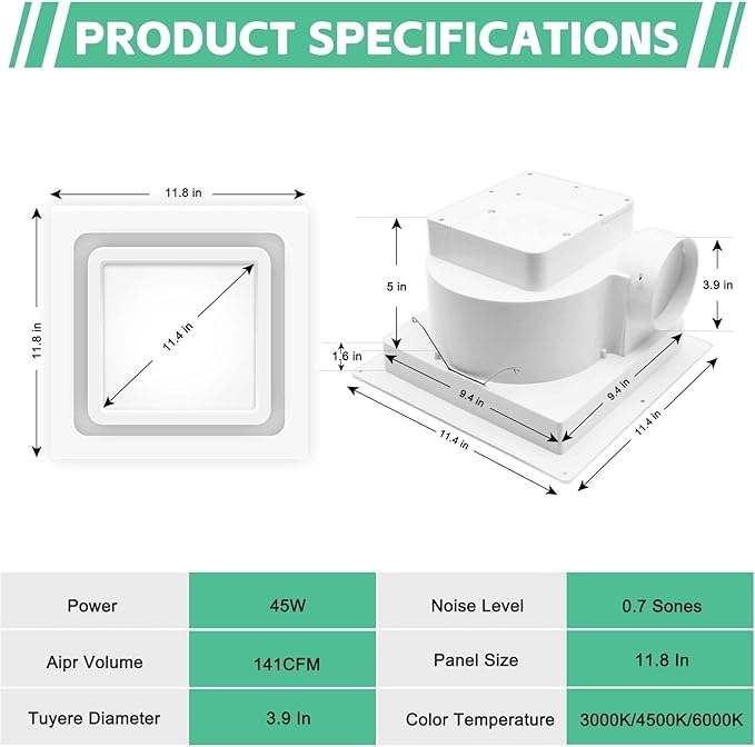 Bathroom Ventilation Fan with Light, With light color controller, 12W Square - Image 2