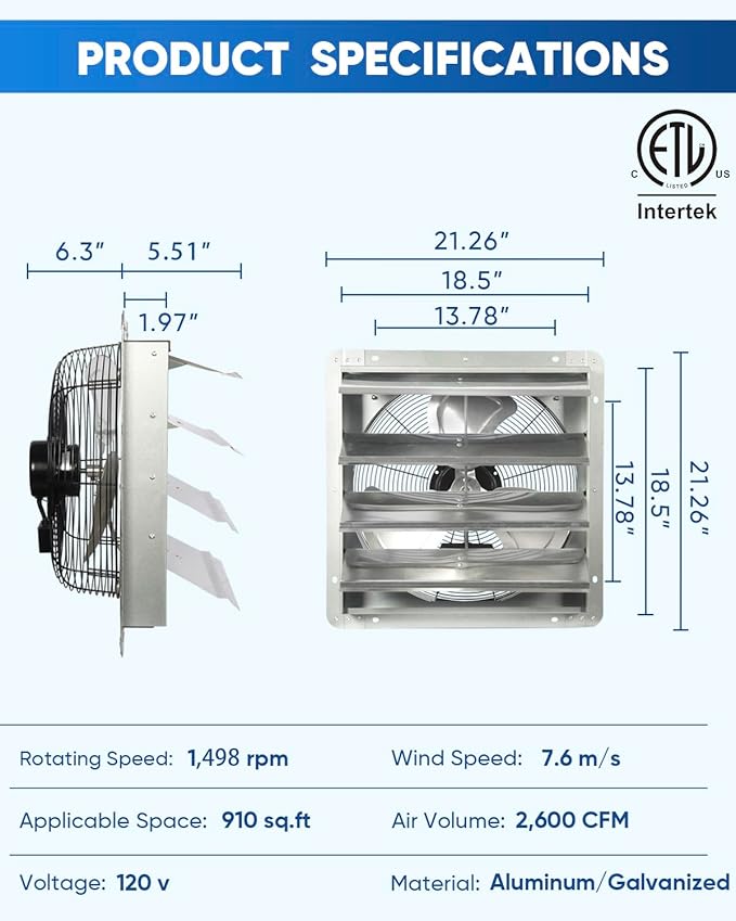 KEN BROWN 18 Inch Shutter Exhaust Fan, 2450CFM High Speed Wall Mounted Vent Fan - Image 2