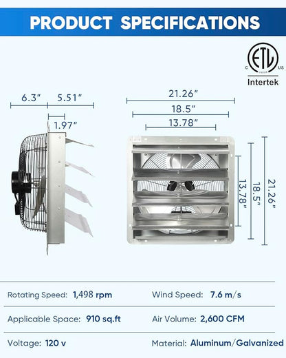 KEN BROWN 18 Inch Shutter Exhaust Fan, 2450CFM High Speed Wall Mounted Vent Fan - Image 2