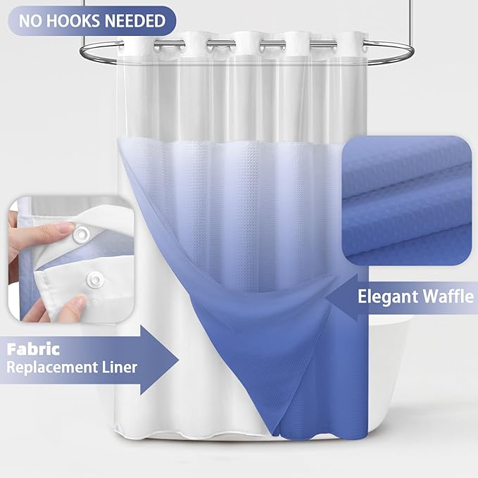 No Hook Shower Curtain and Liner Set, Ombre Light Blue Hotel Waffle Shower - Image 2