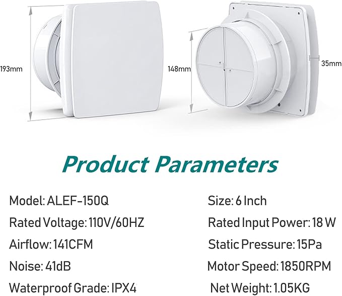 Bathroom Exhaust Fan 141 CFM 6 Inch Home Ventilation Ceiling Window and Wall - Image 2