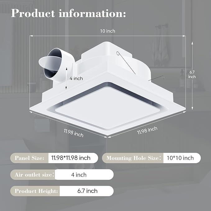 Bathroom Exhaust Fan 12" Panel Ultra Quiet without Light（10x10 Mount）, 1.0 Sone - Image 2