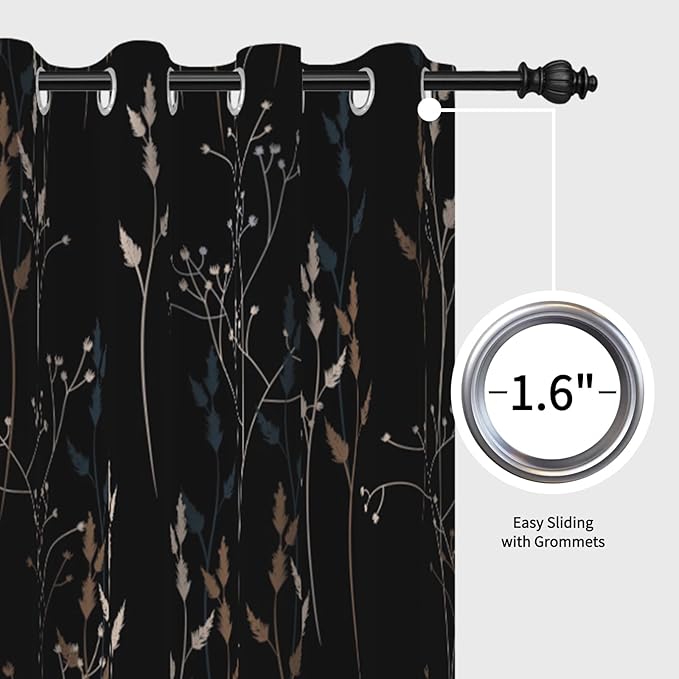 Black Leaves Blackout Curtains 63 Inch Length, Room Darkening Curtains - Image 6