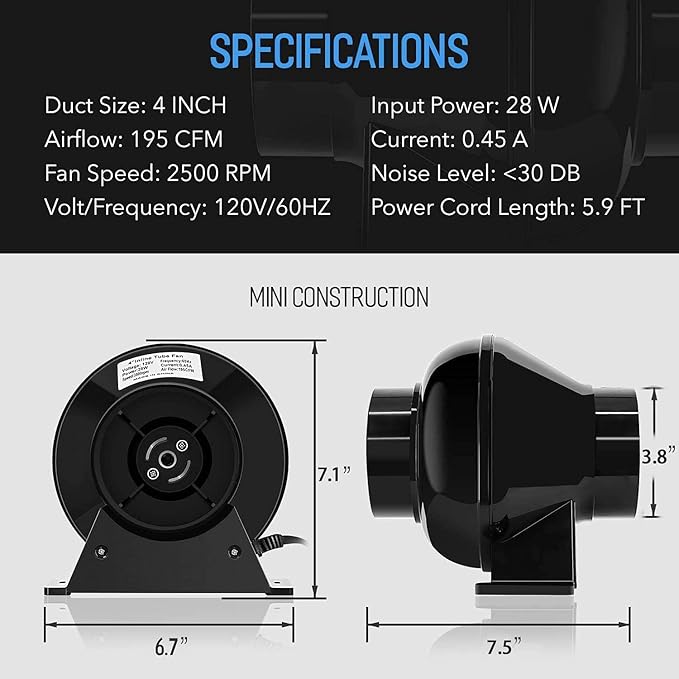 HealSmart 4 Inch 195 CFM Exhaust Inline Vent Booster Blower and 25 Feet - Image 4